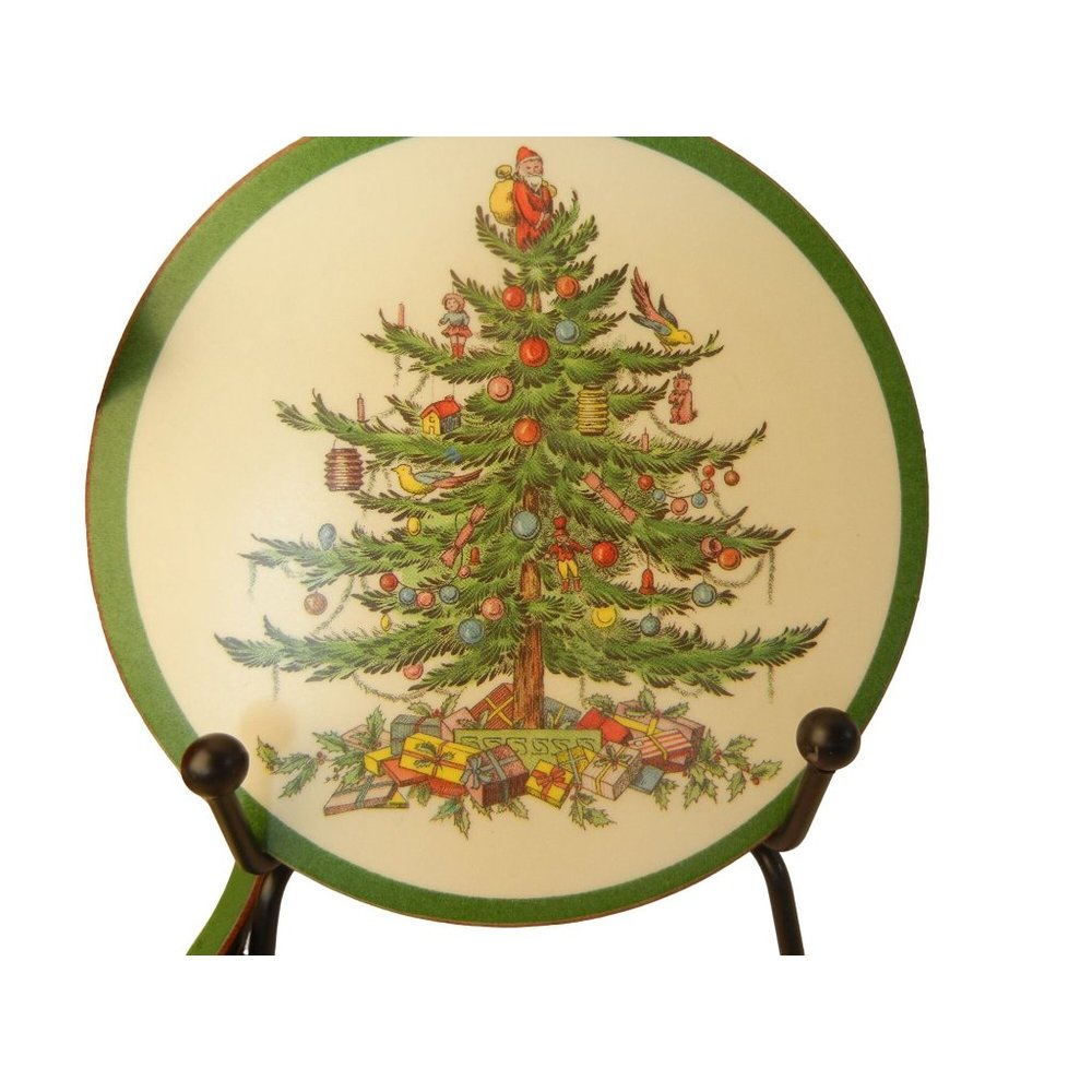 Vintage Holiday Coasters 6  pimpernel Spode Christmas tree round  4 " coasters